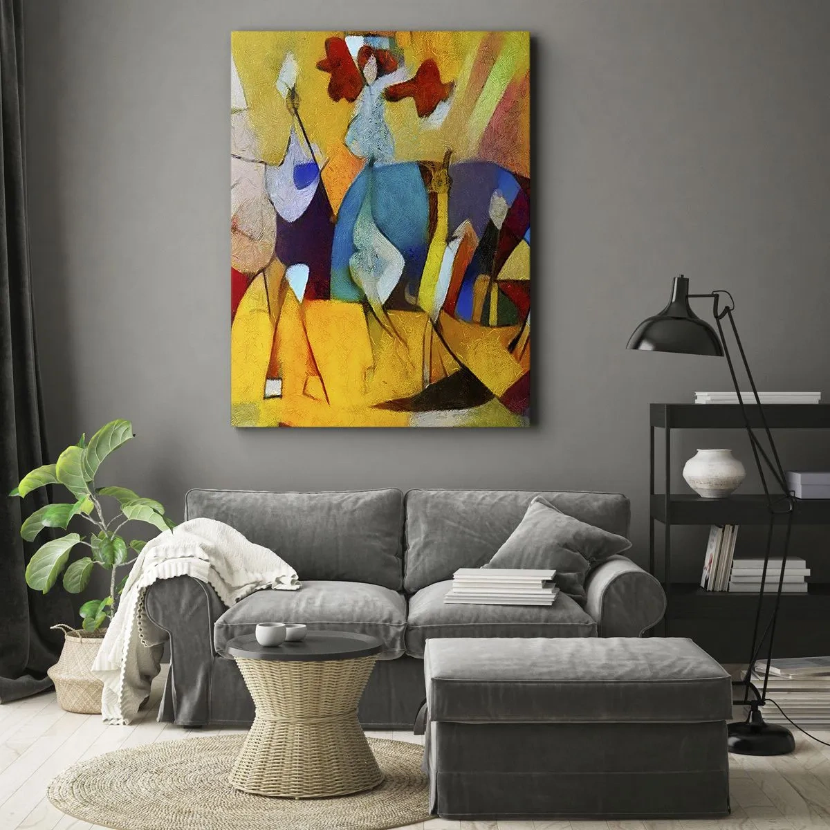 Bild auf Leinwand - Leinwandbild - Eine farbenfrohe Abstraktion, die Figuren in geometrischer Form darstellt - 70x100cm - Sonne - Leben - Freude - Moderne Wanddekoration für Wohnzimmer und Schlafzimmer ARTTOR