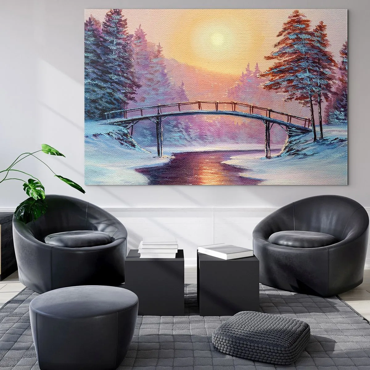 Glasbild - Bild auf glas - Winterlandschaft mit einer Brücke über einen Fluss bei Sonnenuntergang - 70x50cm - Vier Jahreszeiten - Winter - Moderne Wanddekoration für Wohnzimmer und Schlafzimmer ARTTOR