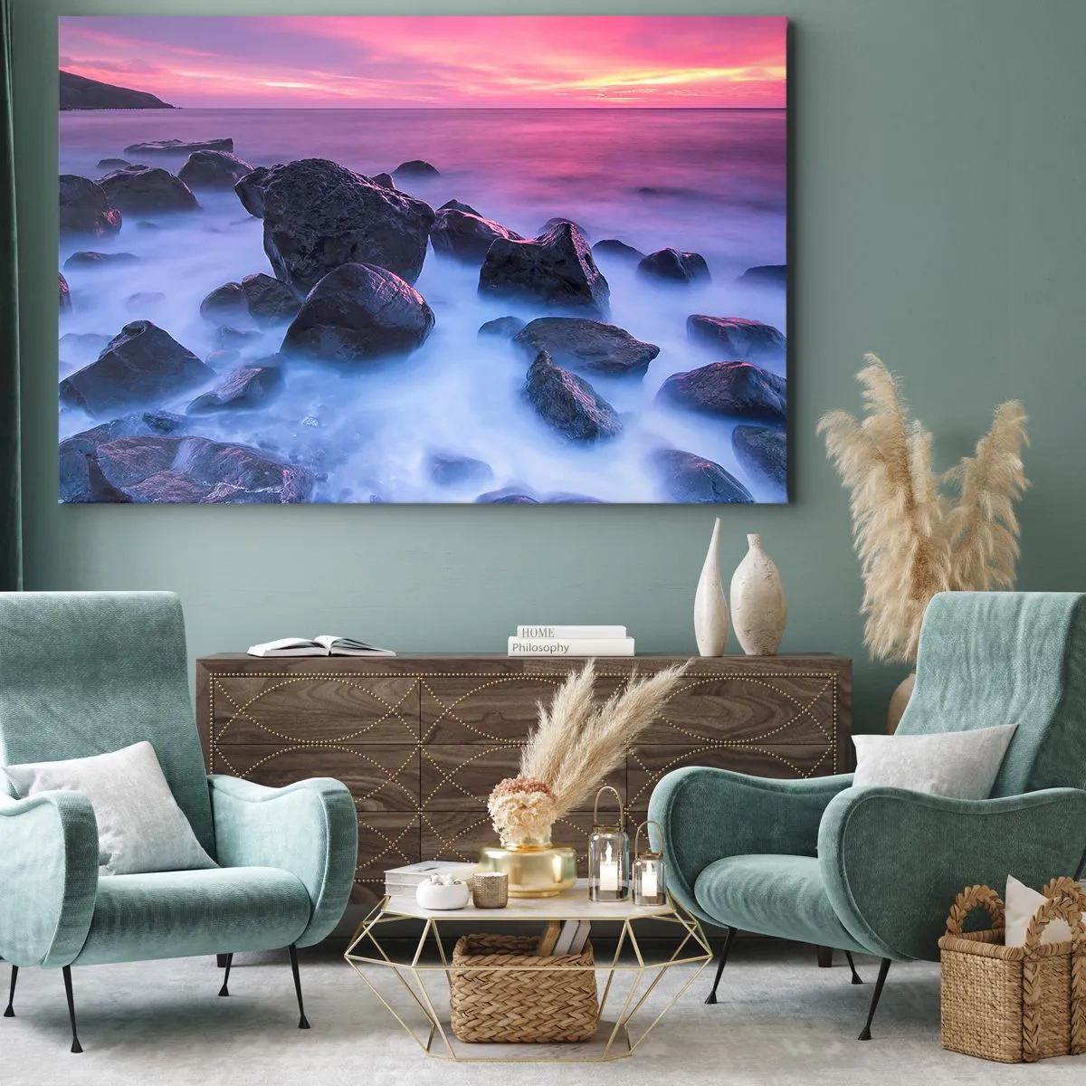 Bild auf Leinwand - Leinwandbild - Felsige Küste bei Sonnenuntergang - 120x80cm - Geburt bei Licht und Nebel - Moderne Wanddekoration für Wohnzimmer und Schlafzimmer ARTTOR