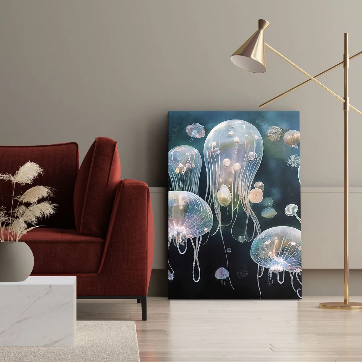 Bild auf Leinwand - Leinwandbild - Zarte Quallen in der Unterwasserwelt - 50x70cm - Unterwasserball - Moderne Wanddekoration für Wohnzimmer und Schlafzimmer ARTTOR