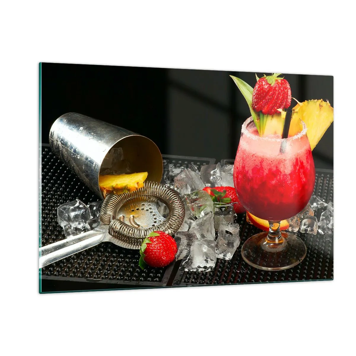 Glasbild - Bild auf glas - Ein farbenfroher Drink mit Früchten und einem Shaker auf Eis - 120x80cm - Zaubern Sie einen Geschmack - Moderne Wanddekoration für Wohnzimmer und Schlafzimmer ARTTOR