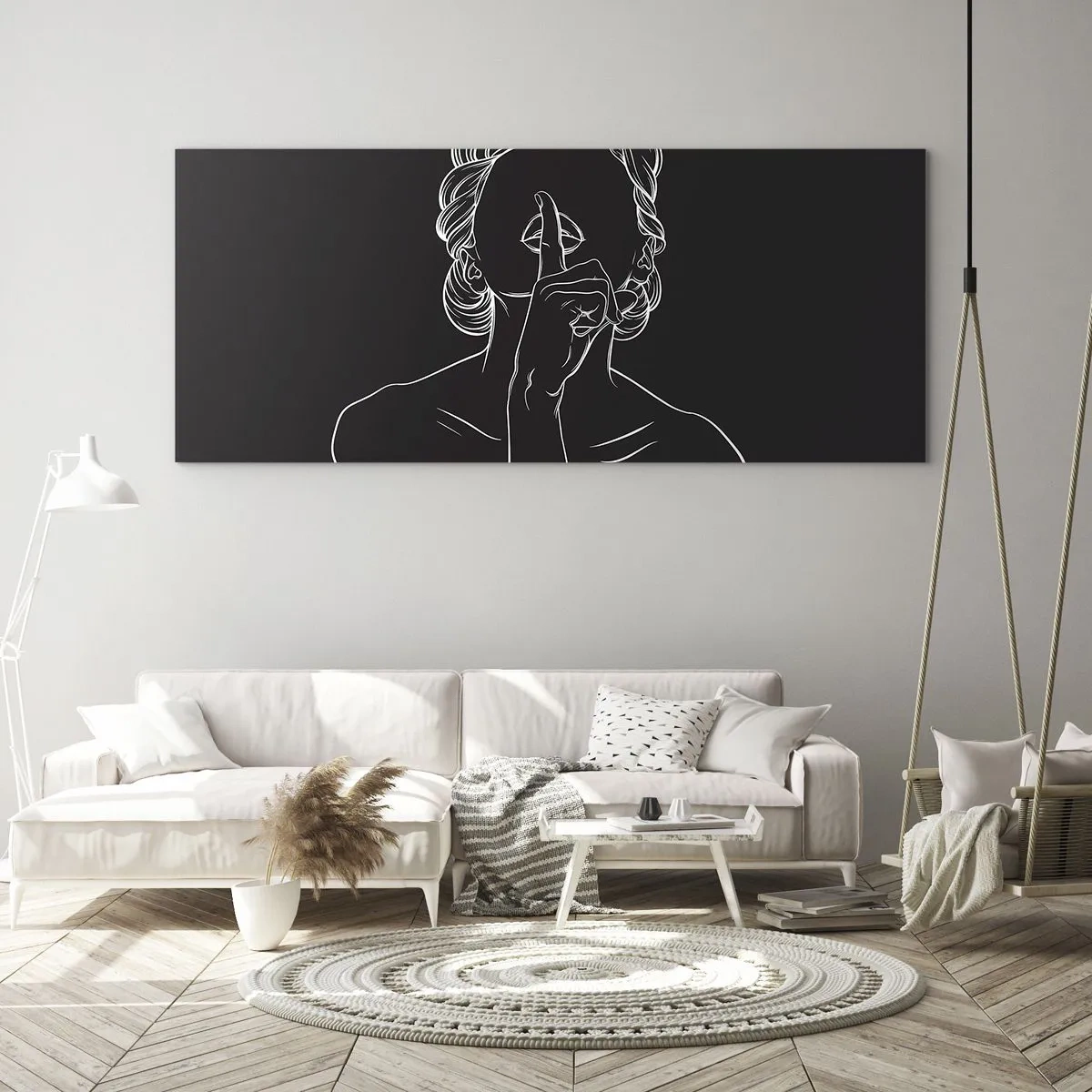 Glasbild - Bild auf glas - Minimalistische Silhouette einer Frau auf schwarzem Hintergrund - 120x50cm - Schönheit erblüht in der Stille - Moderne Wanddekoration für Wohnzimmer und Schlafzimmer ARTTOR