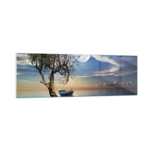 Glasbild - Bild auf glas - Ein einsamer Baum und ein Boot auf ruhigem Wasser unter Vollmond. - 160x50cm - Ist das das Ende oder der Anfang? - Moderne Wanddekoration für Wohnzimmer und Schlafzimmer ARTTOR