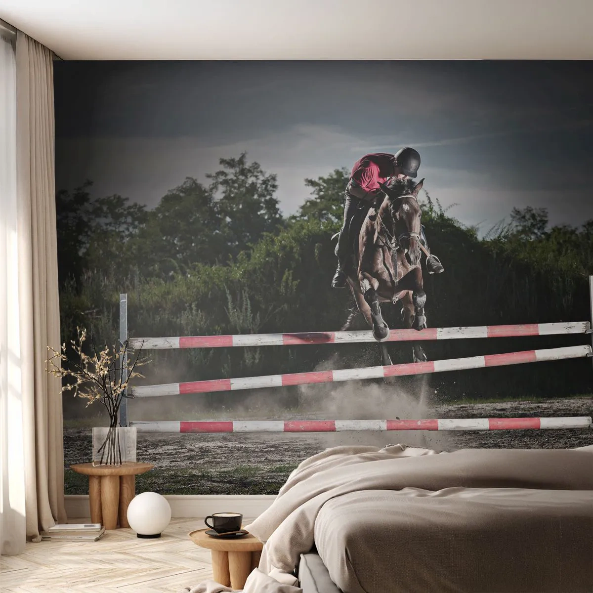 Fototapete Premium Sand - Ein Reiter auf einem Pferd überwindet ein Hindernis - 100x70cm - Gemeinsam zum Sieg - Moderne Wanddekoration für Wohnzimmer und Schlafzimmer ARTTOR