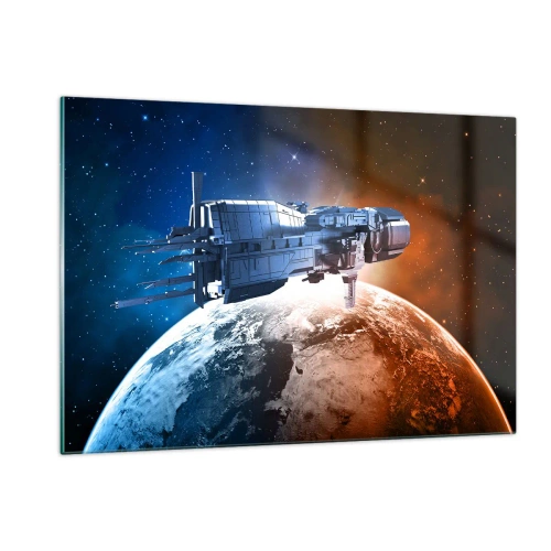 Glasbild - Bild auf glas - Ein Raumschiff, das im Sternenlicht einen Planeten umkreist - 120x80cm - Ein aufmerksamer Beobachter - Moderne Wanddekoration für Wohnzimmer und Schlafzimmer ARTTOR