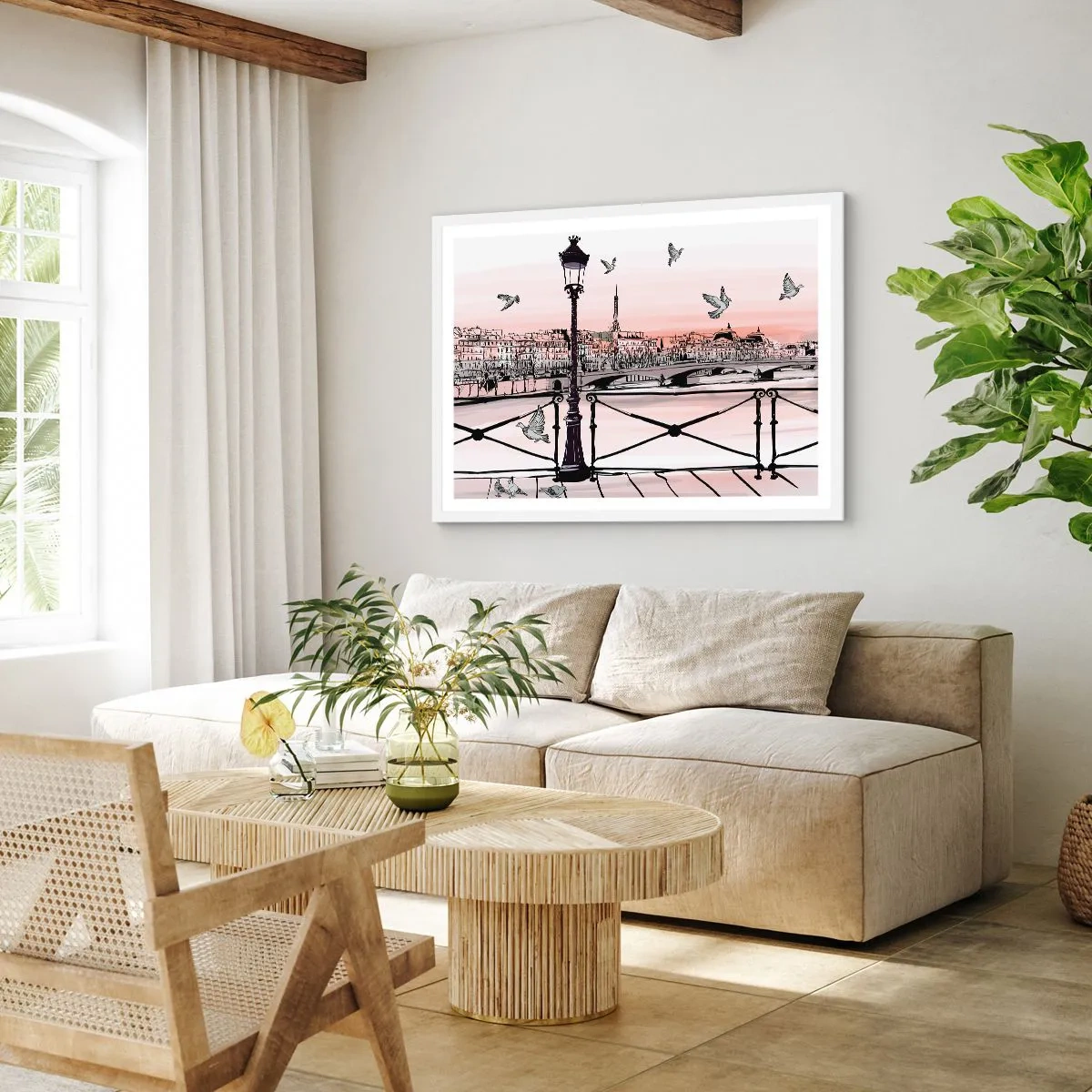 Poster in einem weißen Rahmen - Über den Dächern von Paris - 70x50 cm