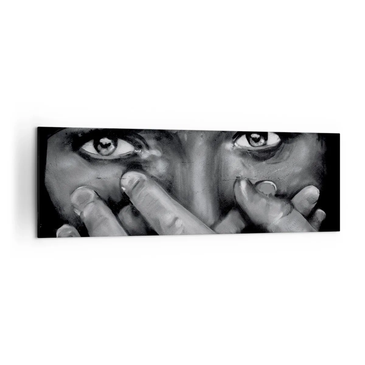 Bild auf Leinwand - Leinwandbild - Schwarz-Weiß-Porträt einer Frau, die ihr Gesicht mit den Händen bedeckt. - 160x50cm - Ich werde nicht sagen, wer es gemalt hat - Moderne Wanddekoration für Wohnzimmer und Schlafzimmer ARTTOR