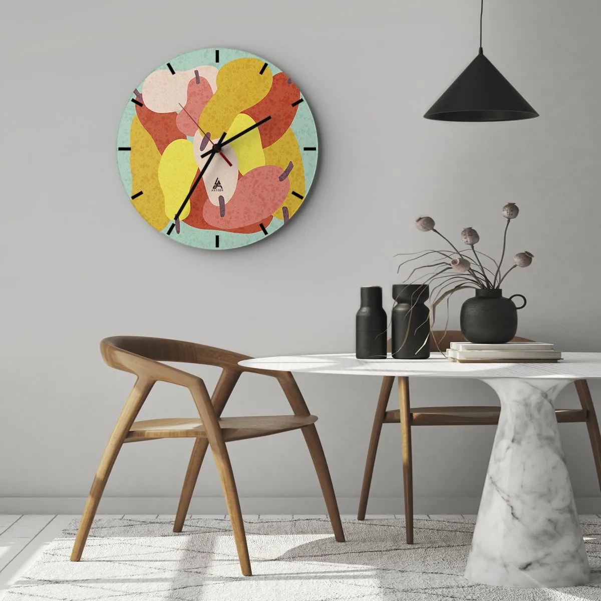 Wanduhr - Glasuhr - Bunte Birnen im grafischen Stil auf türkisfarbenem Hintergrund - 30x30cm - Probieren Sie die Sommersonne - Moderne Wanddekoration für Wohnzimmer, Küche und Schlafzimmer ARTTOR