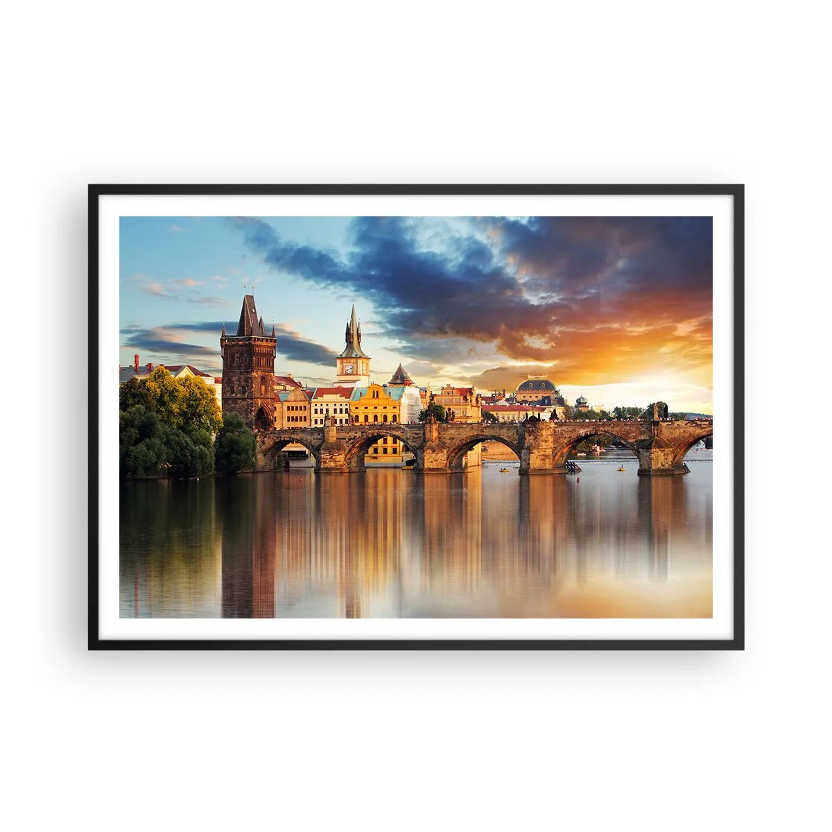 Poster in einem schwarzem Rahmen - Die historische Brücke über den Fluss im Licht der untergehenden Sonne - 100x70cm - Schön seit Ewigkeiten - Moderne Wanddekoration für Wohnzimmer und Schlafzimmer ARTTOR