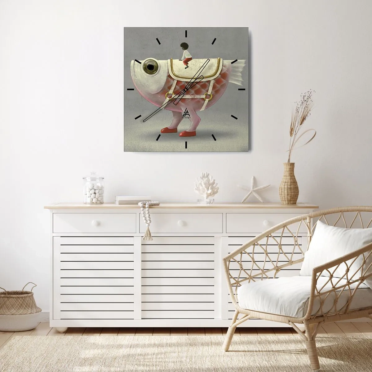 Wanduhr - Glasuhr - Ein schicker Fischreiter mit Beinen und Sattel - 30x30cm - Reiter auf einem surrealen Fisch - Moderne Wanddekoration für Wohnzimmer und Schlafzimmer ARTTOR