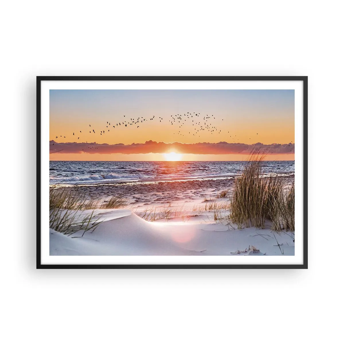 Poster in einem schwarzem Rahmen - Sonnenuntergang über dem Meer mit Blick auf die Dünen - 100x70cm - Horizontale Landschaft - Moderne Wanddekoration für Wohnzimmer und Schlafzimmer ARTTOR