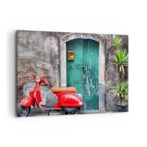 Bild auf Leinwand - Leinwandbild - Roter Roller an der grünen Tür - 100x70cm - Italienischer Urlaub - Moderne Wanddekoration für Wohnzimmer und Schlafzimmer ARTTOR