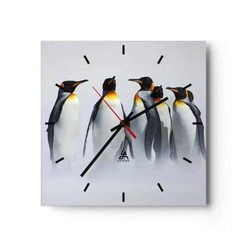 Wanduhr - Glasuhr - Eine Gruppe Kaiserpinguine im Winternebel - 30x30cm - Treffen in Abendkleidern - Moderne Wanddekoration für Wohnzimmer und Schlafzimmer ARTTOR