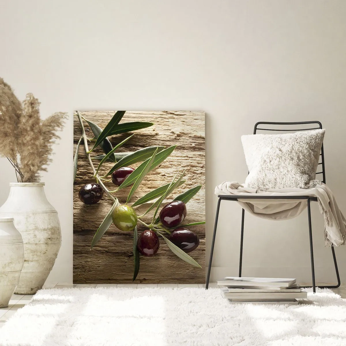 Glasbild - Bild auf glas - Olivenzweig mit Früchten auf einem Hintergrund aus gealtertem Holz - 80x120cm - Direkt aus der Natur - Moderne Wanddekoration für Wohnzimmer und Schlafzimmer ARTTOR