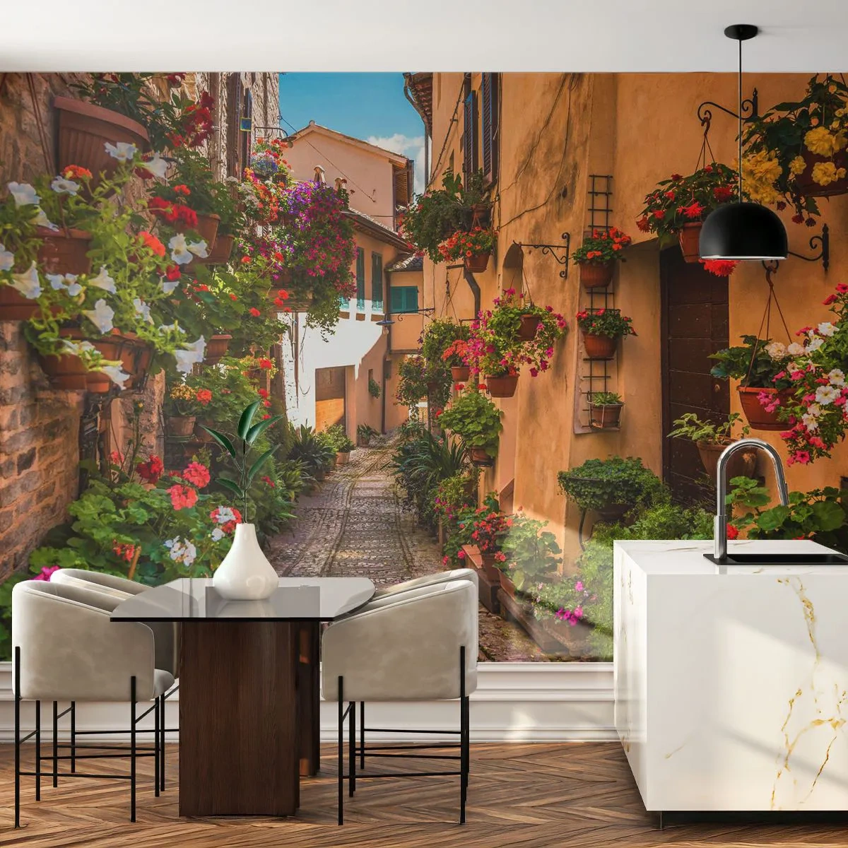 Maßgeschneiderte Fototapete Standard Eco - Italienische Gasse - Stadt, Blumen, Die Architektur