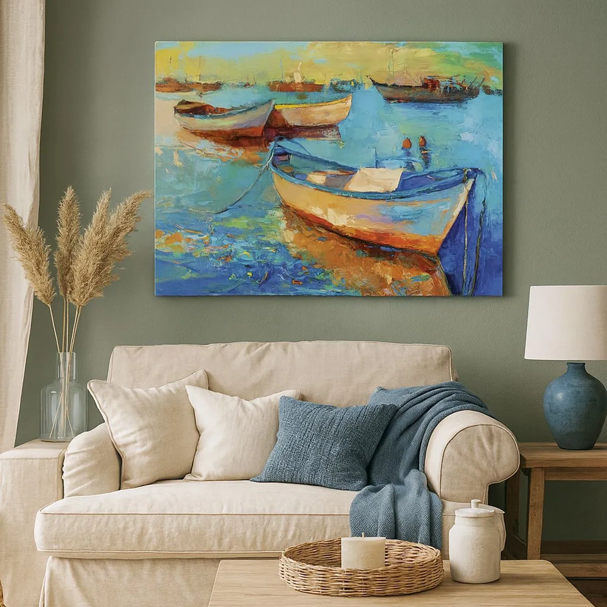 Bild auf Leinwand - Leinwandbild - Bunte Boote vertäut auf ruhigem Wasser - 70x50cm - In der südlichen Bucht - Moderne Wanddekoration für Wohnzimmer und Schlafzimmer ARTTOR