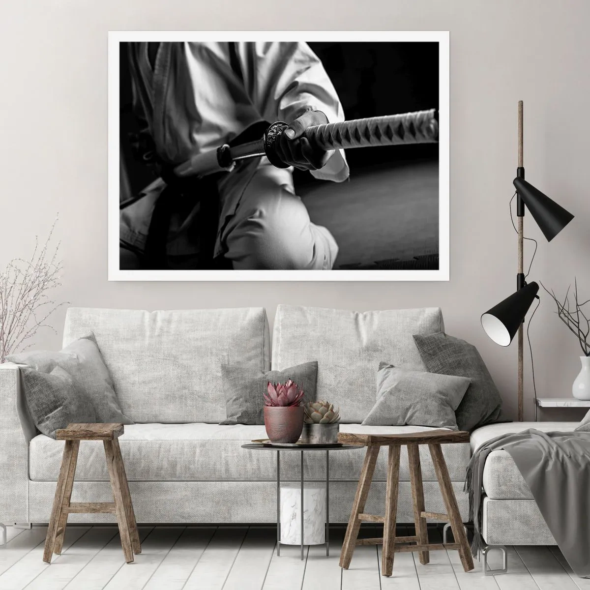 Poster - Ein Samurai im Kimono hält ein Katana in Schwarz und Weiß. - 100x70cm - Kriegerseele - Moderne Wanddekoration für Wohnzimmer und Schlafzimmer ARTTOR