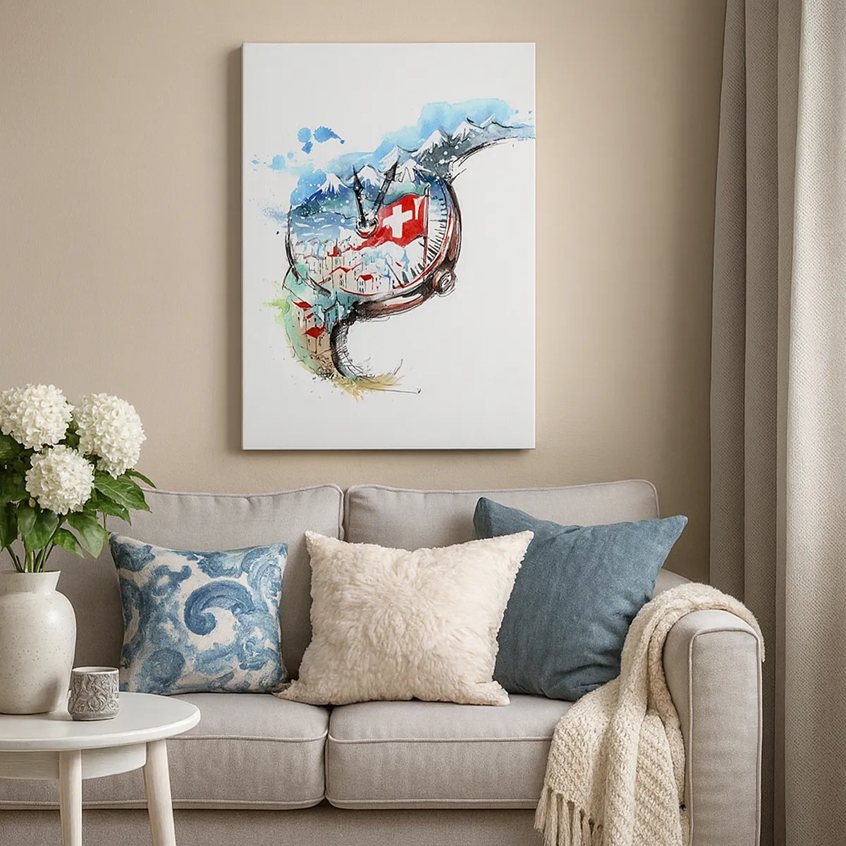 Bild auf Leinwand - Leinwandbild - Eine Aquarelllandschaft der Schweiz im Uhrwerk-Design - 50x70cm - Der Geist der Schweiz - Moderne Wanddekoration für Wohnzimmer und Schlafzimmer ARTTOR