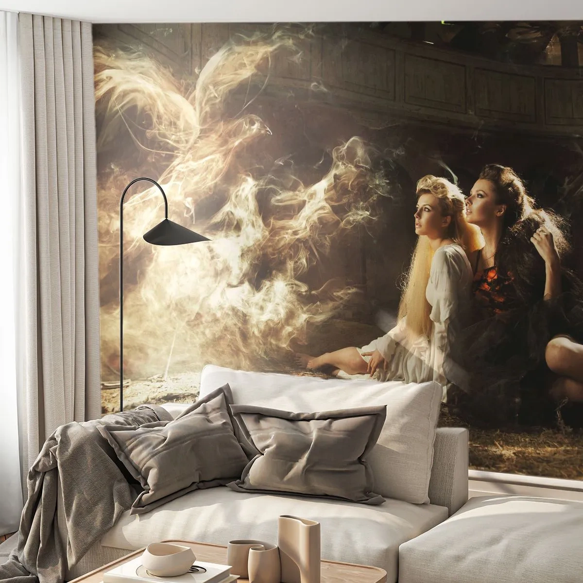 Fototapete Standard Eco - Zwei Frauen und ein Rauchphönix in einer mysteriösen Umgebung - 100x70cm - Und es gab Poesie - Moderne Wanddekoration für Wohnzimmer und Schlafzimmer ARTTOR