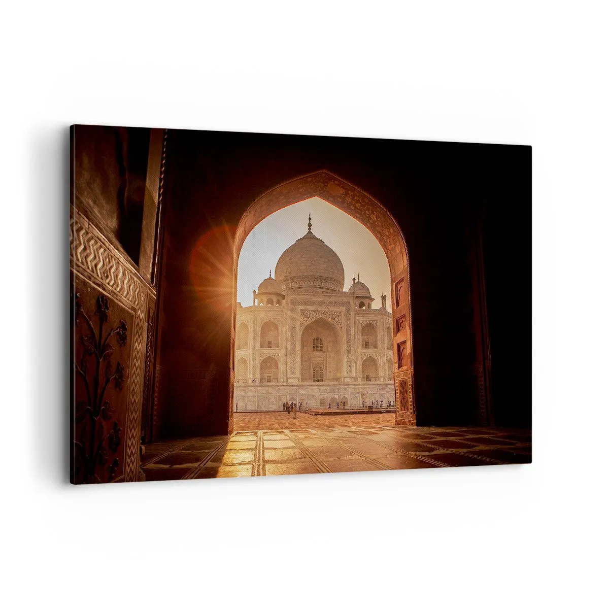 Bild auf Leinwand - Leinwandbild - Taj Mahal im Sonnenlicht vom Torbogen aus gesehen - 120x80cm - Denkmal der überirdischen Liebe - Moderne Wanddekoration für Wohnzimmer und Schlafzimmer ARTTOR