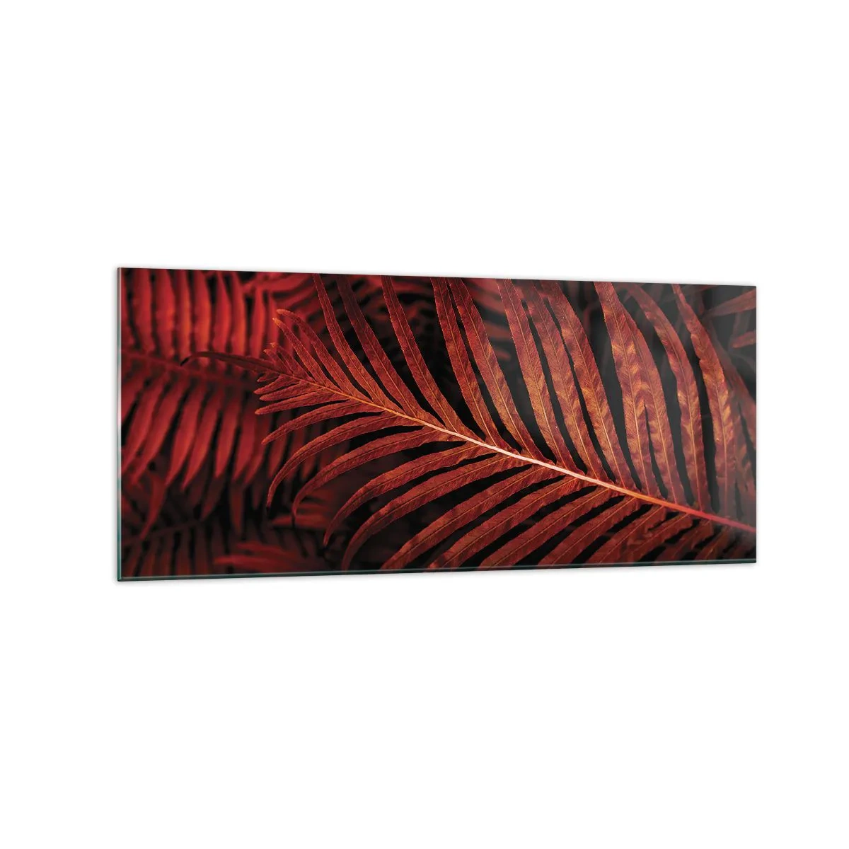 Glasbild - Bild auf glas - Nahaufnahme von roten tropischen Blättern - 120x50cm - Die Hitze des Lebens - Moderne Wanddekoration für Wohnzimmer und Schlafzimmer ARTTOR