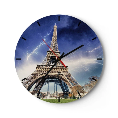 Wanduhr - Glasuhr - Der Eiffelturm während eines Gewitters vor dunklem Himmel - 30x30cm - Herrscherin der Stürme - Moderne Wanddekoration für Wohnzimmer, Küche und Schlafzimmer ARTTOR