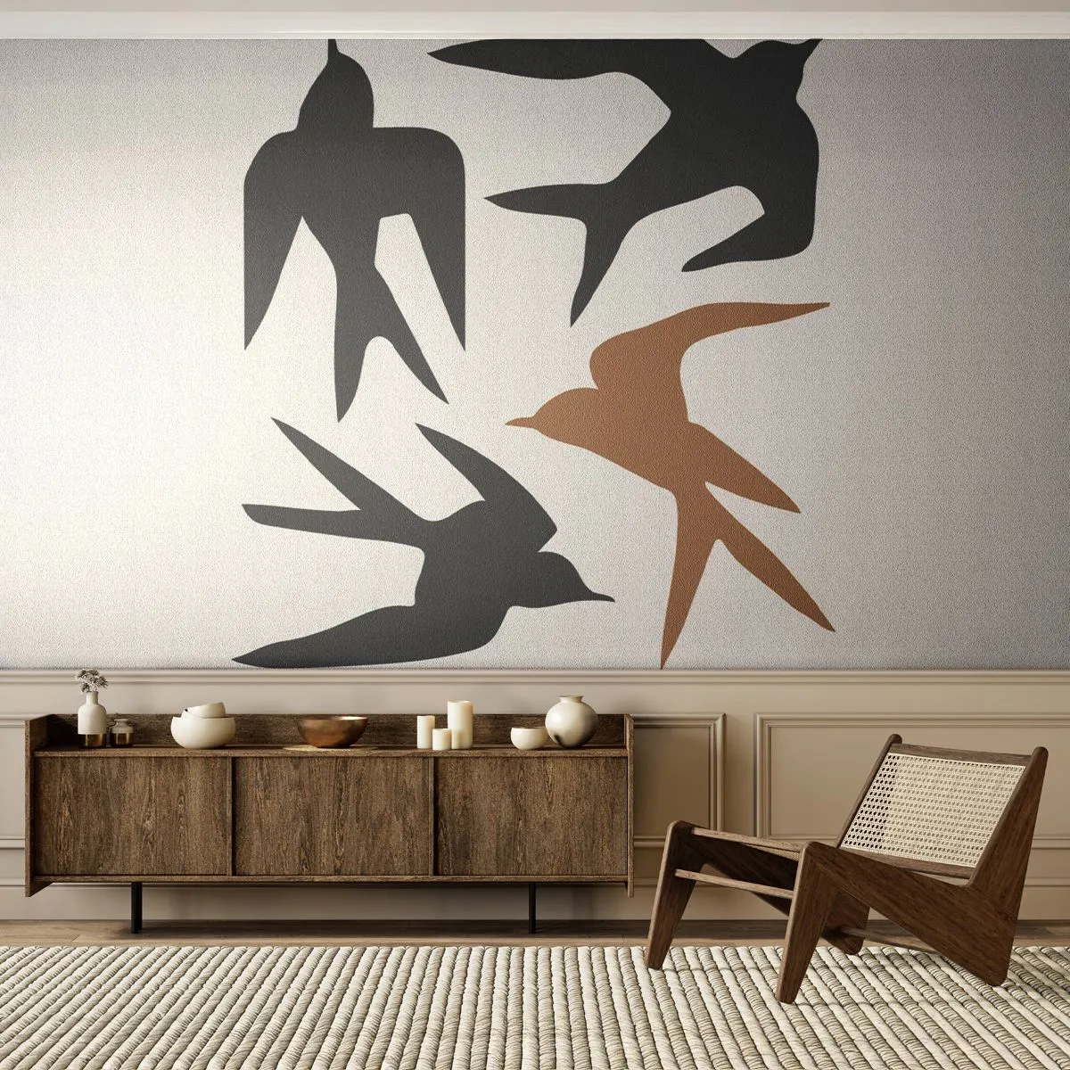 Fototapete Premium Sand - Schwalbenspaß - Boho, Vögel, Minimalismus - 200x140 cm