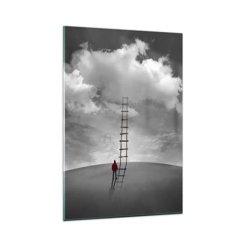 Glasbild - Bild auf glas - Eine Person in einem roten Mantel und eine Leiter, die zu einer Wolke führt - 80x120cm - Alles ist möglich - Moderne Wanddekoration für Wohnzimmer und Schlafzimmer ARTTOR
