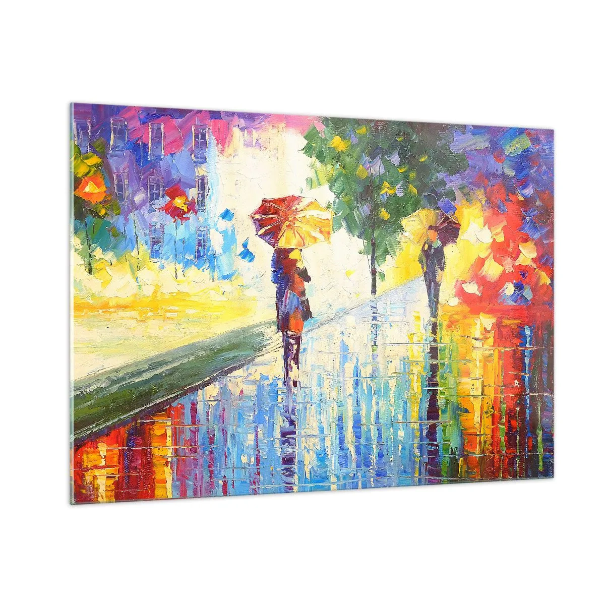 Glasbild - Bild auf glas - Ein farbenfroher Spaziergang im Regen mit einem Regenschirm im impressionistischen Stil - 100x70cm - Und alles klar - Moderne Wanddekoration für Wohnzimmer und Schlafzimmer ARTTOR