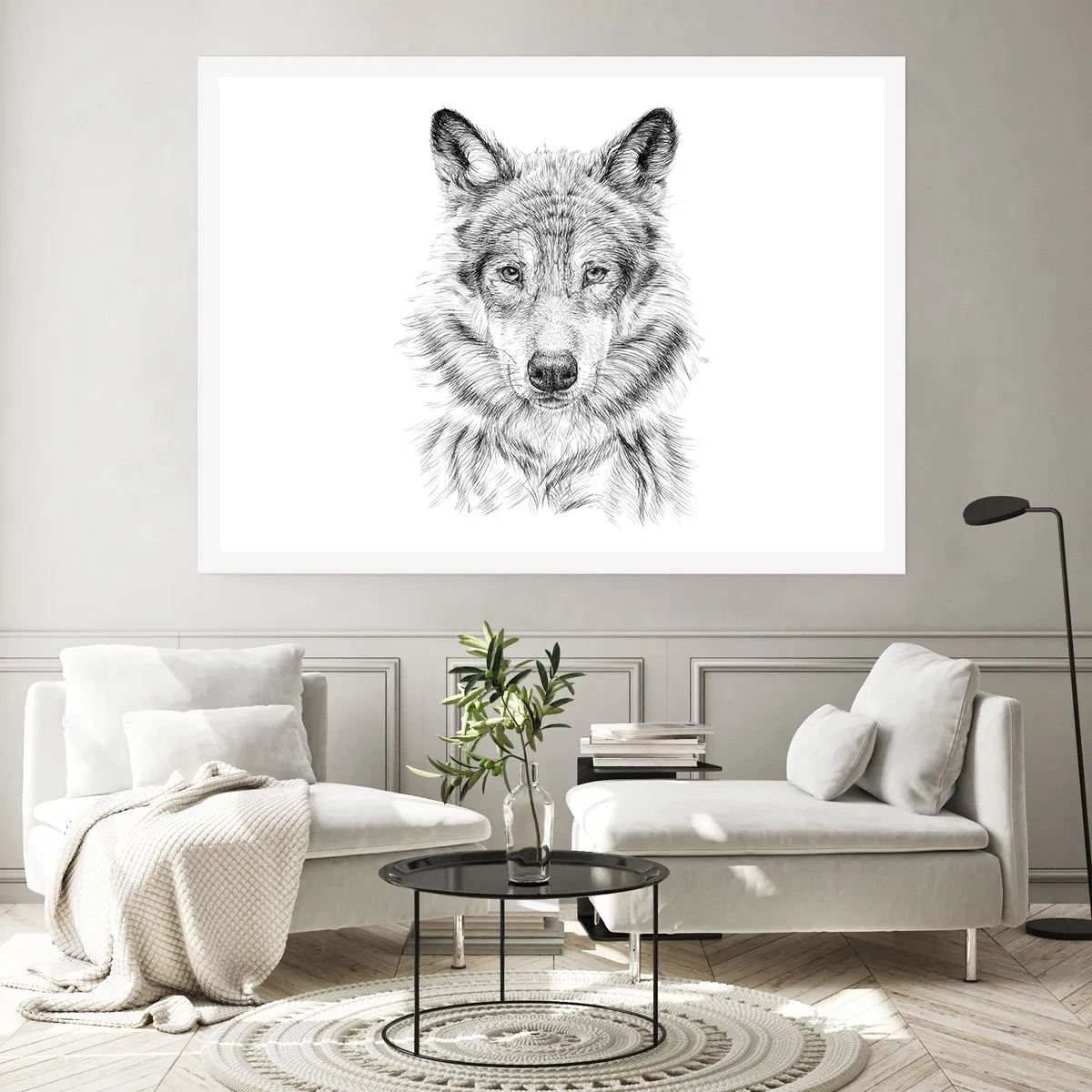 Poster - Skizze eines Wolfskopfes im monochromen Stil auf weißem Hintergrund - 100x70cm - Ein geborener Anführer - Moderne Wanddekoration für Wohnzimmer und Schlafzimmer ARTTOR