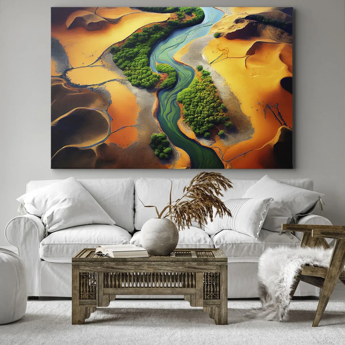 Bild auf Leinwand - Leinwandbild - Ein grüner Fluss, umgeben von goldenem Sand und Vegetation - 70x50cm - Lebensspendender Fluss - Moderne Wanddekoration für Wohnzimmer und Schlafzimmer ARTTOR