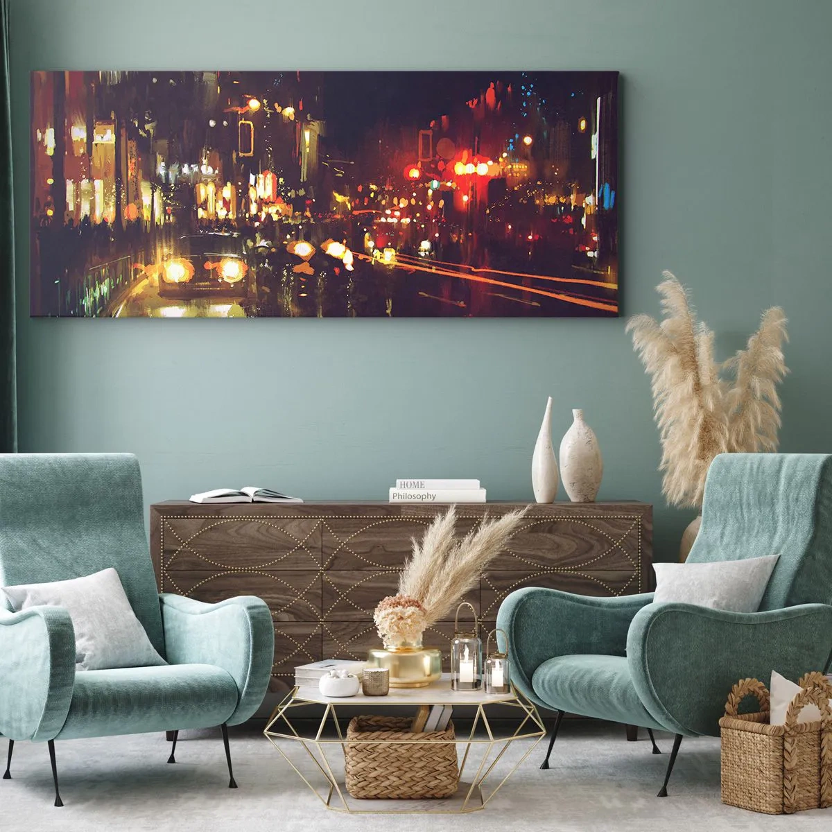 Bild auf Leinwand - Leinwandbild - Nachtszene in der Stadt mit bunten Lichtern und Straßenreflexionen - 160x50cm - Eingetaucht in die Lichter der Nacht - Moderne Wanddekoration für Wohnzimmer und Schlafzimmer ARTTOR