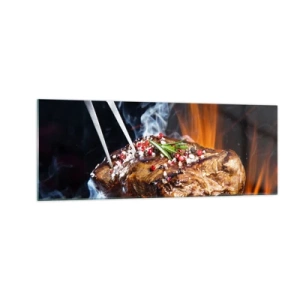 Glasbild - Bild auf glas - Gegrilltes Steak auf einem Grill mit Gewürzen - 140x50cm - Saftig und duftend - Moderne Wanddekoration für Wohnzimmer und Schlafzimmer ARTTOR