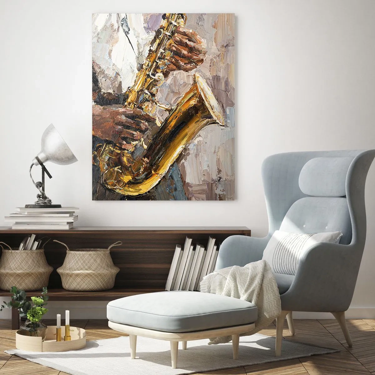 Glasbild - Bild auf glas - Ein Saxophon spielender Musiker, gemalt in Impasto-Technik - 50x70cm - Zeit fürs Solo - Moderne Wanddekoration für Wohnzimmer und Schlafzimmer ARTTOR