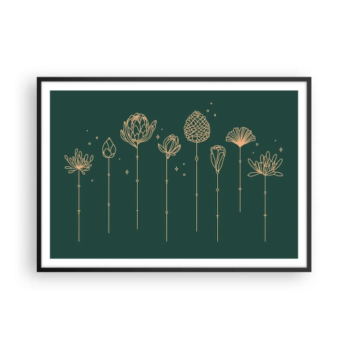 Poster in einem schwarzem Rahmen - Goldene Zeichnungen von Kräutern auf dunkelgrünem Hintergrund - 100x70cm - Familie ZIÓŁkowski - Moderne Wanddekoration für Wohnzimmer und Schlafzimmer ARTTOR