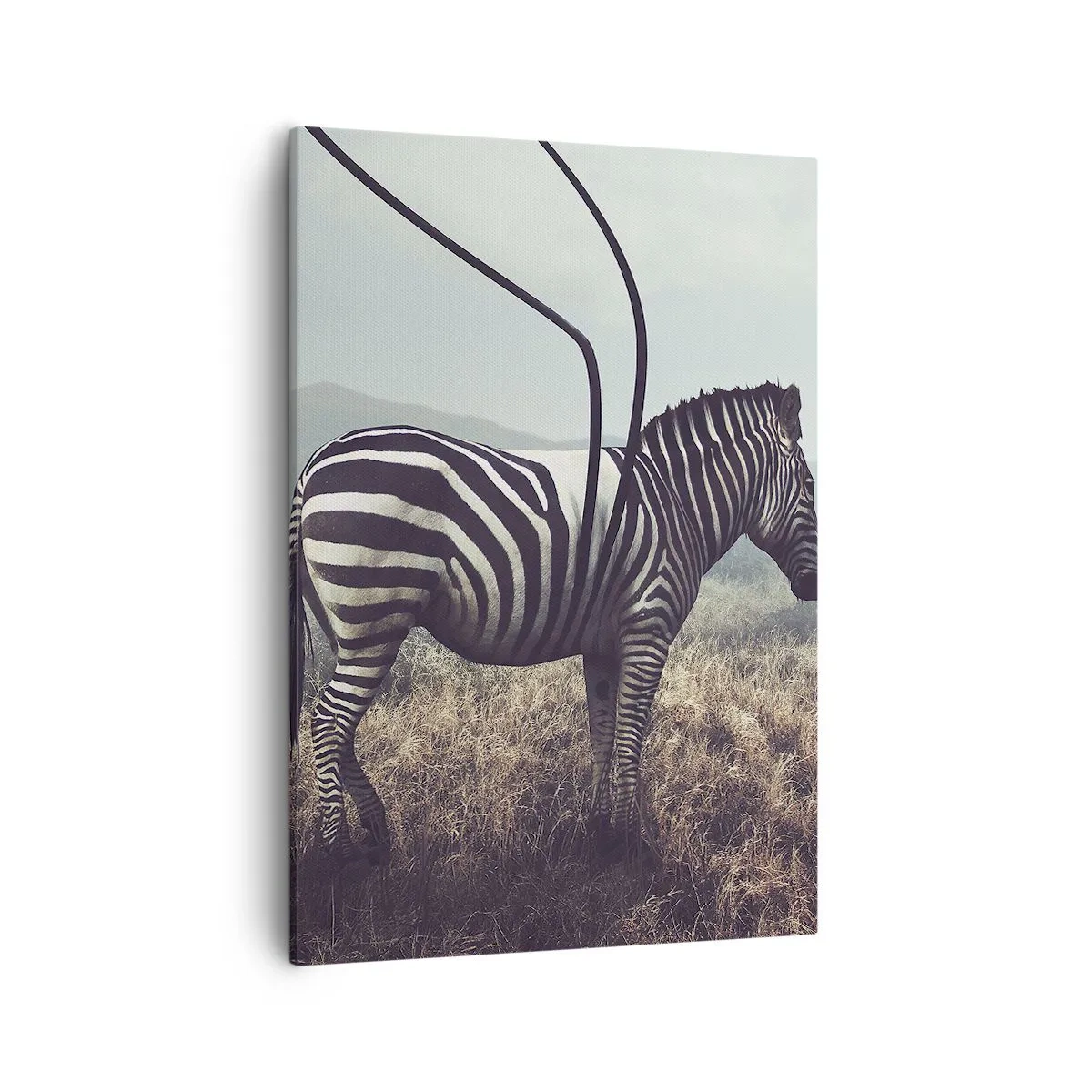 Bild auf Leinwand - Leinwandbild - Ein surreales Zebra vor einer grasbewachsenen Landschaft - 50x70cm - Achtung! Fehler - Moderne Wanddekoration für Wohnzimmer und Schlafzimmer ARTTOR