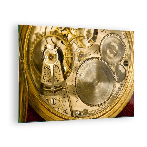 Glasbild - Bild auf glas - Uhrwerk in Gold-Finish - 70x50cm - Geh mit der Zeit - Moderne Wanddekoration für Wohnzimmer und Schlafzimmer ARTTOR