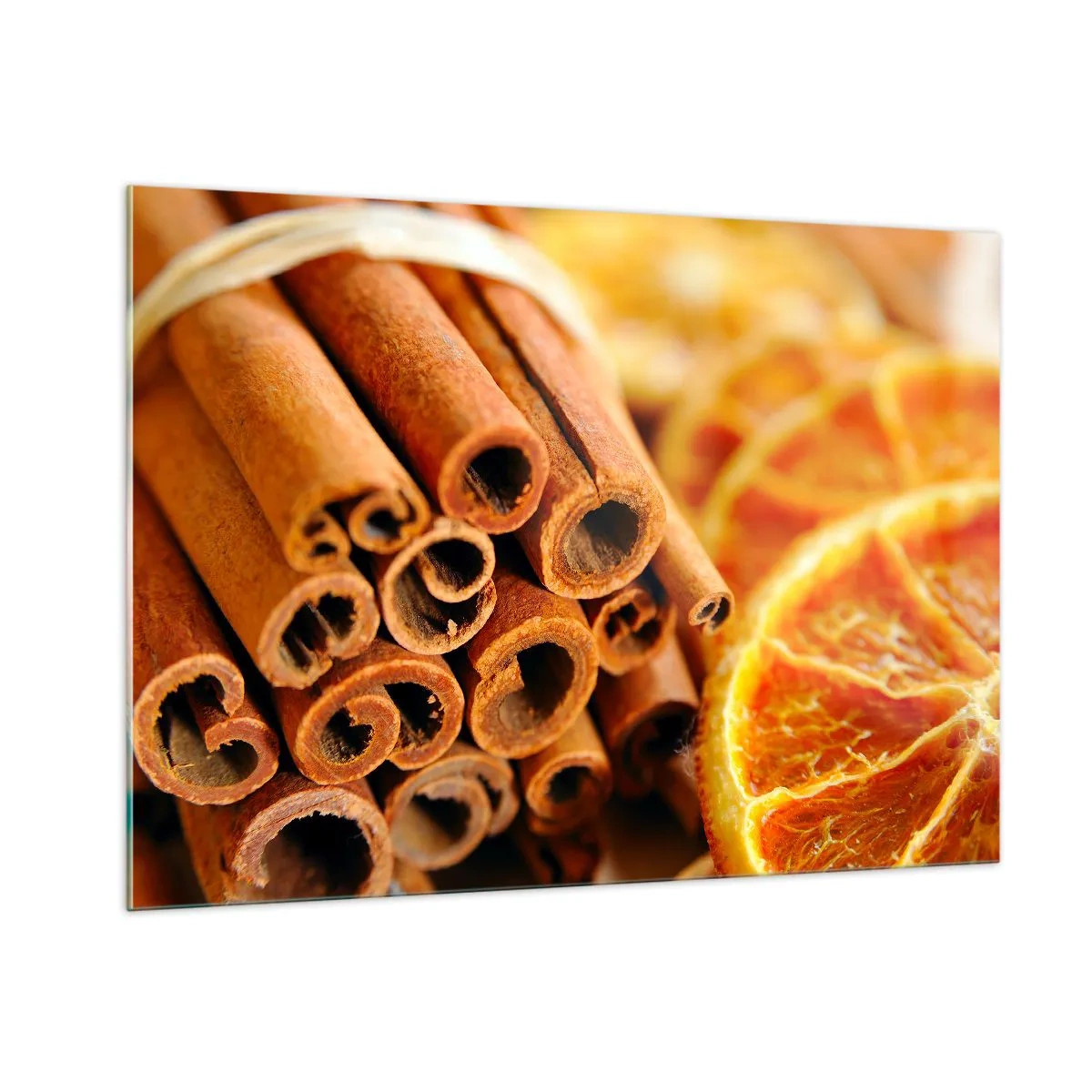 Glasbild - Bild auf glas - Nahaufnahme von Zimtstangen und getrockneten Orangenscheiben - 100x70cm - Kannst du ihr Aroma riechen? - Moderne Wanddekoration für Wohnzimmer und Schlafzimmer ARTTOR