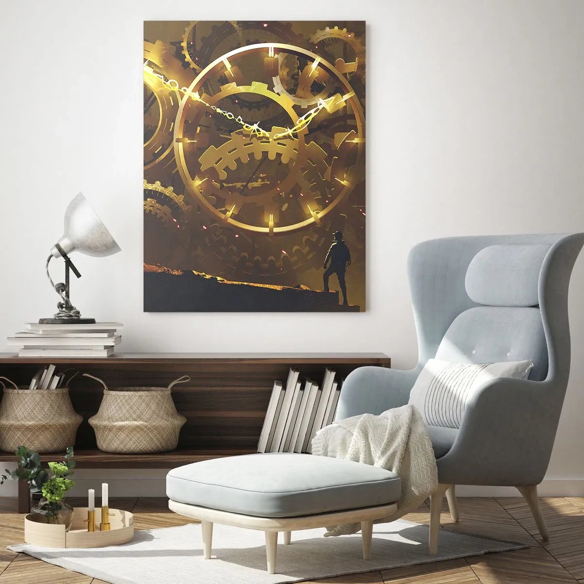 Glasbild - Bild auf glas - Goldene Steampunk-Zahnräder mit Hintergrundbeleuchtung vor einer menschlichen Silhouette - 50x70cm - An der Quelle der Zeit - Moderne Wanddekoration für Wohnzimmer und Schlafzimmer ARTTOR