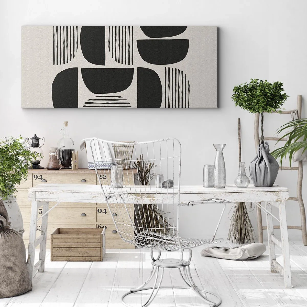 Bild auf Leinwand - Leinwandbild - Geometrie mit Halbkreisen und Linien in Schwarz auf hellem Hintergrund - 160x50cm - Halbherzige Deals - Moderne Wanddekoration für Wohnzimmer und Schlafzimmer ARTTOR