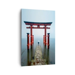 Bild auf Leinwand - Leinwandbild - Ein Torii-Tor mit Blick auf einen ruhigen See in Japan - 80x120cm - Japanische Träumerei - Moderne Wanddekoration für Wohnzimmer und Schlafzimmer ARTTOR