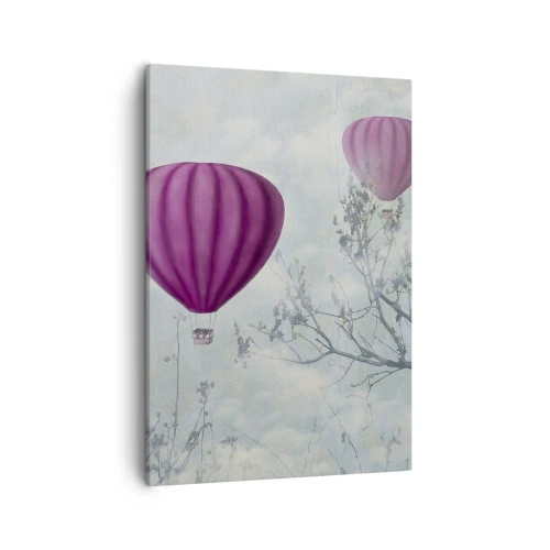 Bild auf Leinwand - Leinwandbild - Lila Ballons schweben über den Bäumen in den Wolken - 50x70cm - Wie Schiffe am Himmel - Moderne Wanddekoration für Wohnzimmer und Schlafzimmer ARTTOR