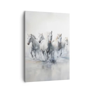 Bild auf Leinwand - Leinwandbild - Weiße Pferde galoppieren durch das Wasser - 50x70cm - Weiße Magie - Moderne Wanddekoration für Wohnzimmer und Schlafzimmer ARTTOR
