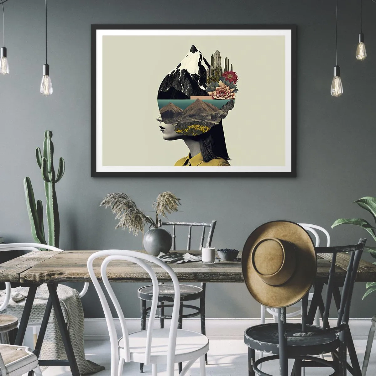 Poster in einem schwarzem Rahmen - Collage einer Frau mit Berglandschaft und Blumen - 70x50cm - Frau – bleibt immer ein Geheimnis - Moderne Wanddekoration für Wohnzimmer und Schlafzimmer ARTTOR