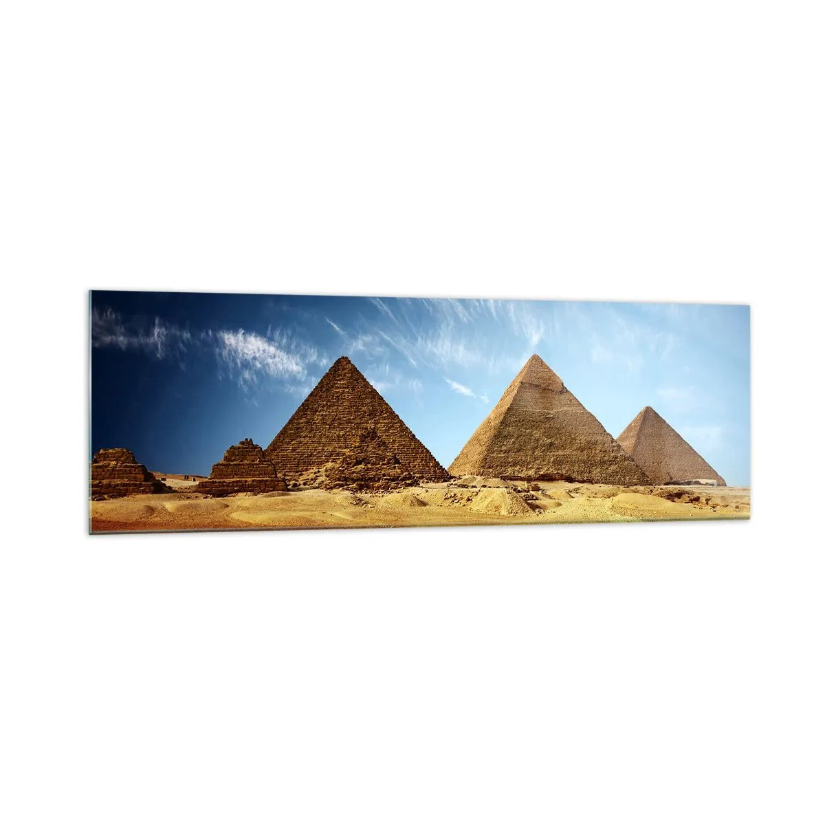 Glasbild - Bild auf glas - Die Pyramiden von Gizeh vor blauem Himmel und Wüstenlandschaft - 160x50cm - 40 Jahrhunderte schauen dich an - Moderne Wanddekoration für Wohnzimmer und Schlafzimmer ARTTOR