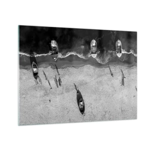 Glasbild - Bild auf glas - Schwarz-weiße Boote und ihre Schatten auf einem Sandstrand von oben gesehen - 70x50cm - Immer noch am Ufer… - Moderne Wanddekoration für Wohnzimmer und Schlafzimmer ARTTOR