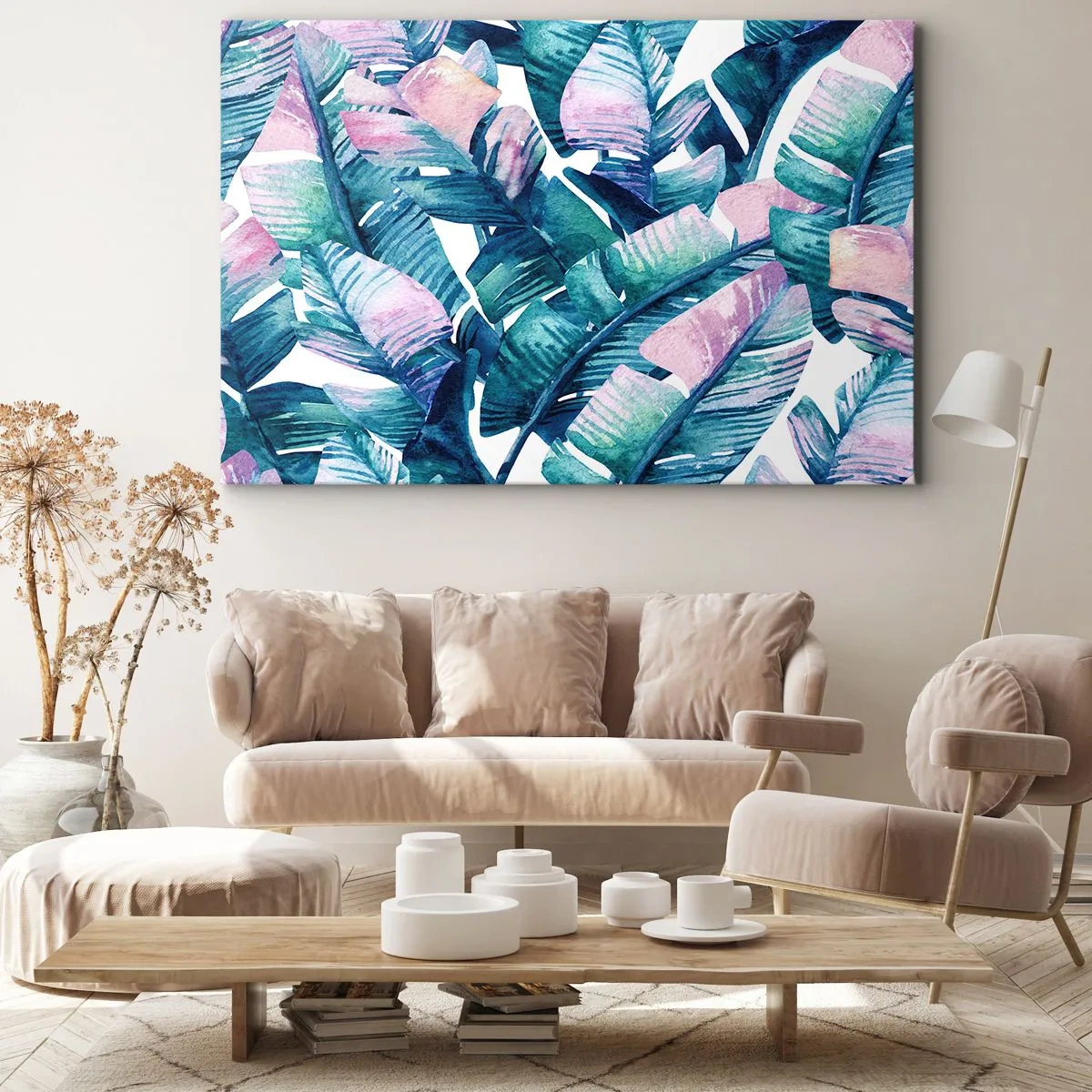 Bild auf Leinwand - Leinwandbild - Bananenblätter in Blau- und Rosatönen - 70x50cm - In einem Bananenhain - Moderne Wanddekoration für Wohnzimmer und Schlafzimmer ARTTOR