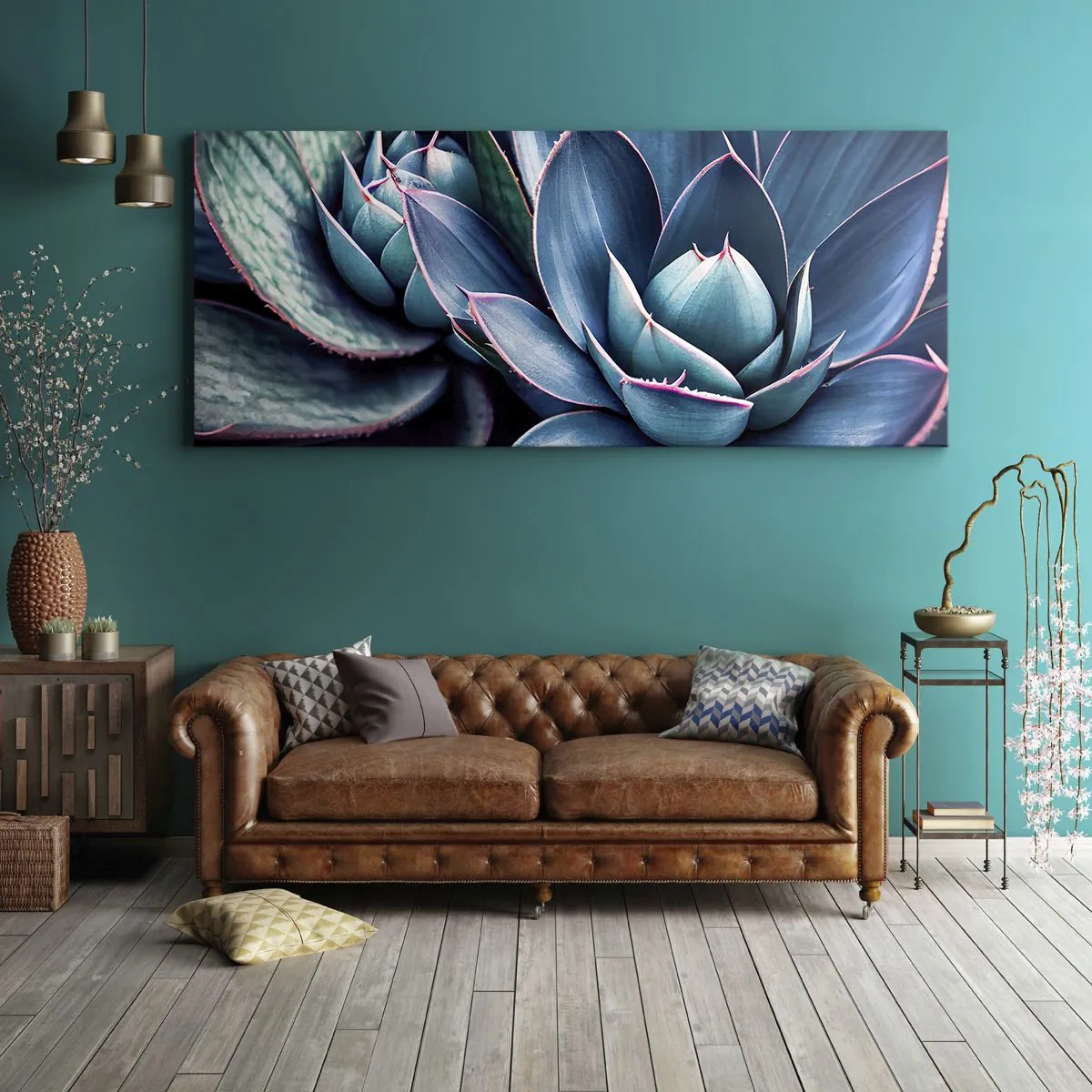 Bild auf Leinwand - Leinwandbild - Agave in Blau- und Grüntönen mit rosa Akzenten - 120x50cm - Lebenskraft - Moderne Wanddekoration für Wohnzimmer und Schlafzimmer ARTTOR