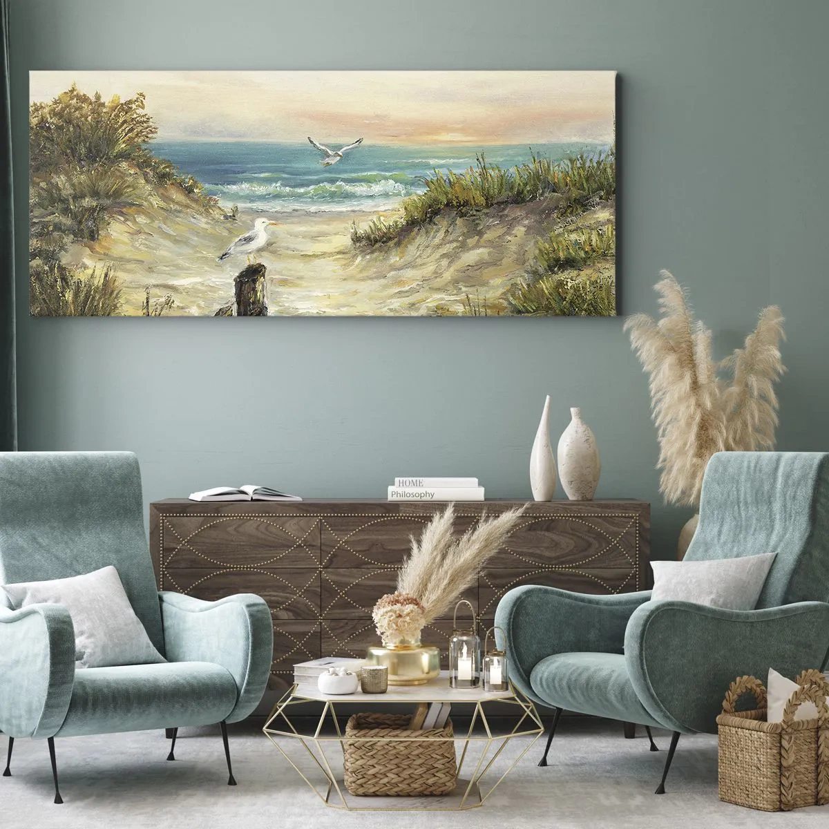 Bild auf Leinwand - Leinwandbild - Küste mit Möwen und Dünen bei Sonnenuntergang - 120x50cm - Windlose Abgeschiedenheit - Moderne Wanddekoration für Wohnzimmer und Schlafzimmer ARTTOR