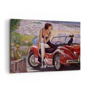 Bild auf Leinwand - Leinwandbild - Eine Frau neben einem roten Auto mit einer Stadt im Hintergrund - 100x70cm - Sommer? Nur an der Riviera - Moderne Wanddekoration für Wohnzimmer und Schlafzimmer ARTTOR